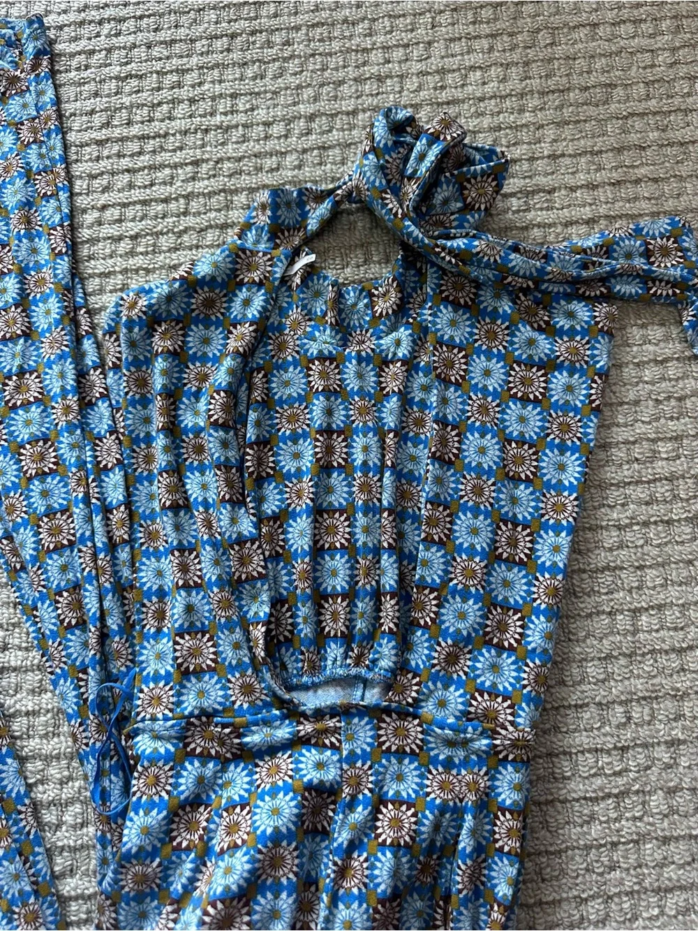 Free People Blue Floral Vibe Check Open Back Wide Leg Jumpsuit Sz XS